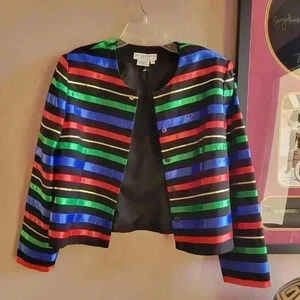 Vintage MAGGY LONDON Blazer Waist Jacket Size 14 Silky Rainbow Stripe Padded